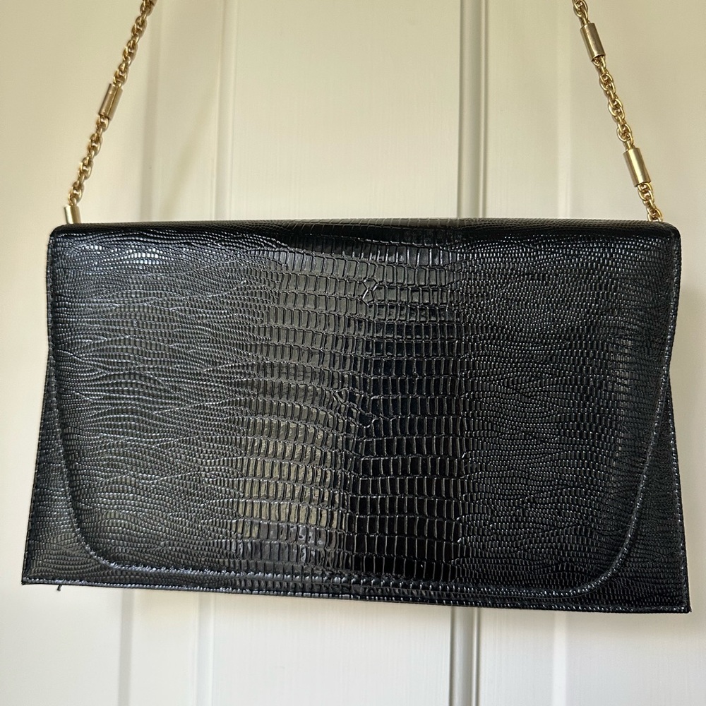 Andé Vintage Black Leather Crocodile-Embossed Clutch